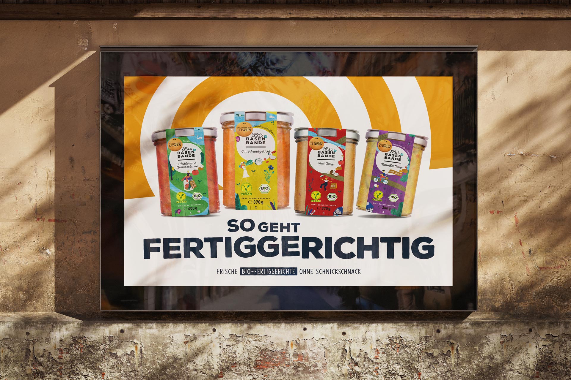 Werbeplakat für Basenbande mit der Headline "Fertiggerichtig"